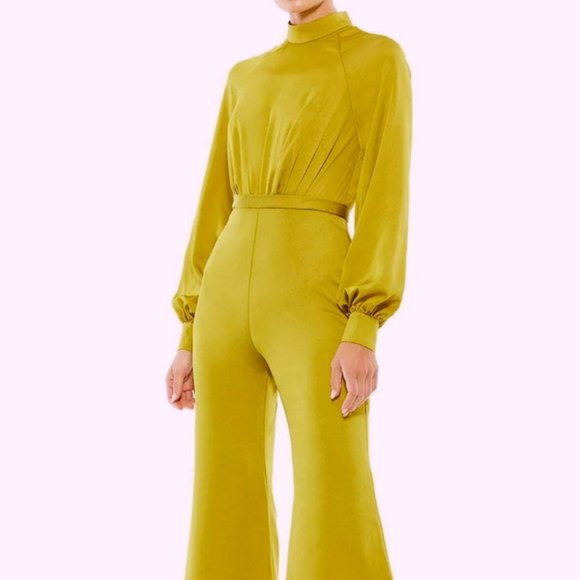 Mac Duggal Chartreuse Long Sleeve Flare Leg Satin Jumpsuit - Picture 1 of 4